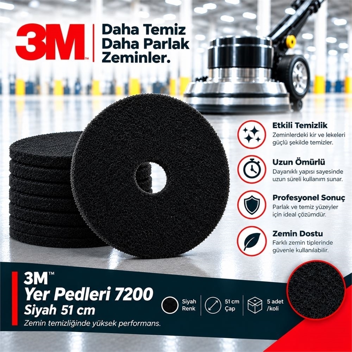 3M™ 7200 Siyah Yer Pedleri 51 cm 5adet/koli resmi