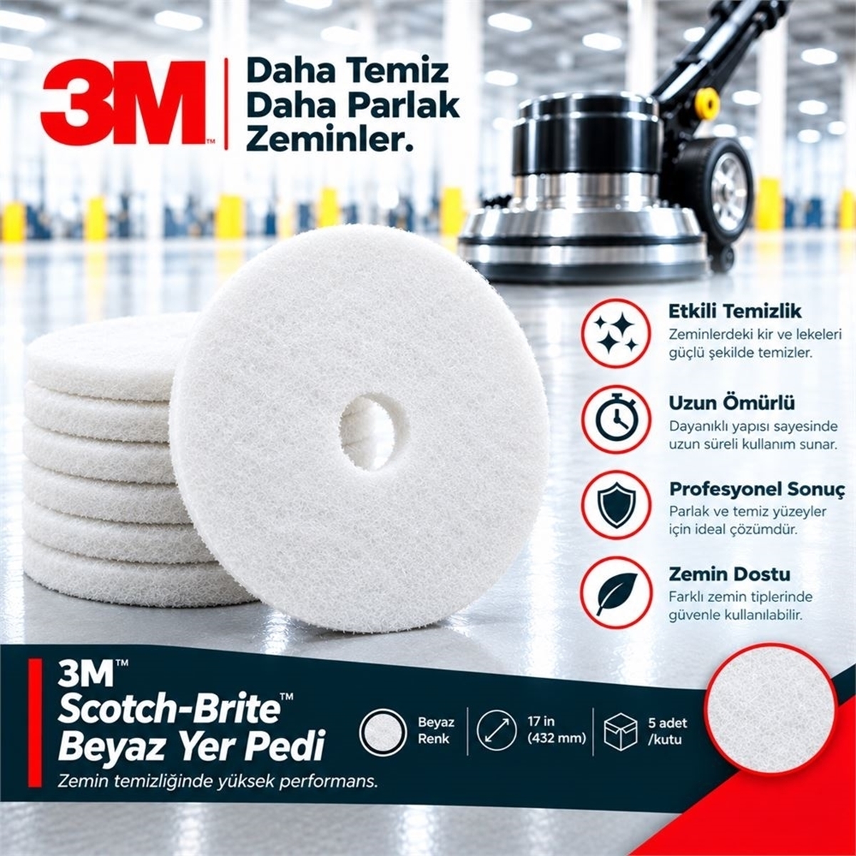 3M™ Scotch-Brite™ Beyaz Yer Pedi 43 cm 5adet/Koli resmi